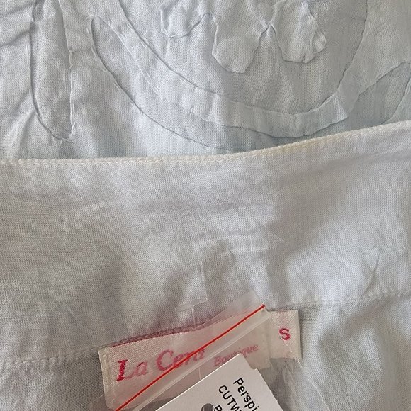 Le Cera Hand Sewed Blue Floral Patchwork Button Beach Cover Up Sheer Tunic Top S - Picture 10 of 15